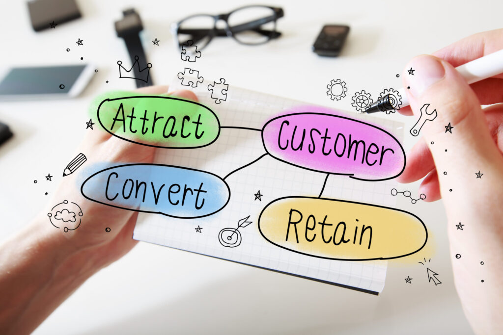 Customer acquisition theme with man writing in a notebook